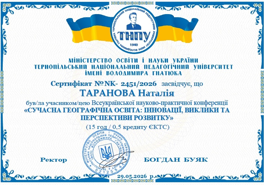 Результат активної наукової та методичної роботи — іменний сертифікат Всеукраїнської конференції «Сучасна географічна освіта»